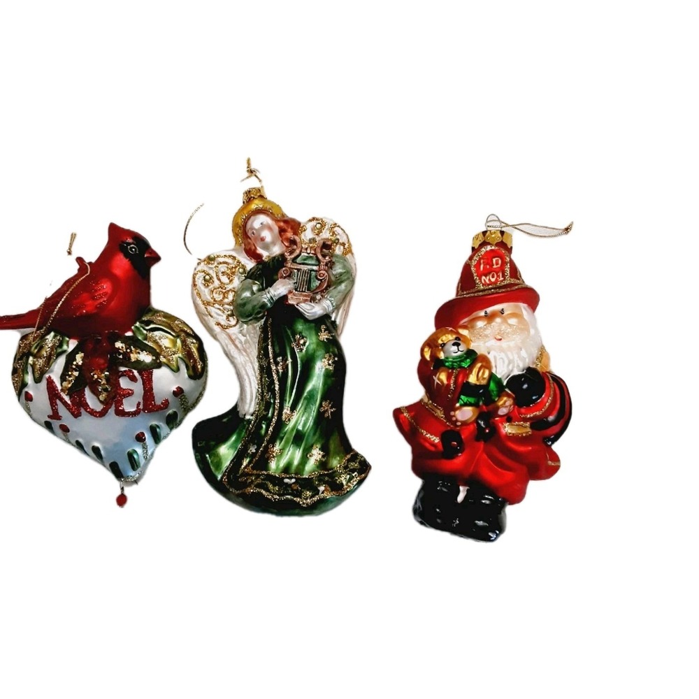 Dept 56 Ornaments Fireman Santa Angel Harp Red Cardinal Bird Glass Lot of 3